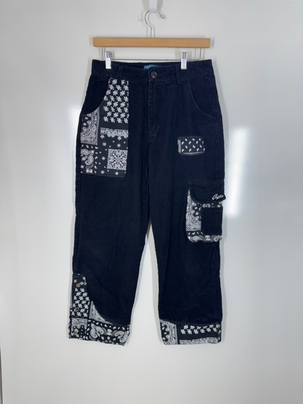 Vntg Guuka Y2k Corduroy Patchwork Pants Men Black Bandana Cargo Streetwear Boho